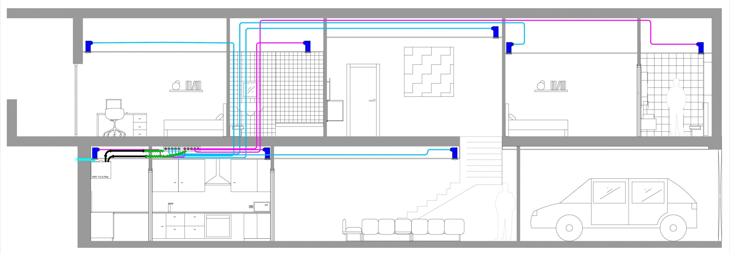 Esquema de instalación de ventilación doble flujo en vivienda con recuperador de calor