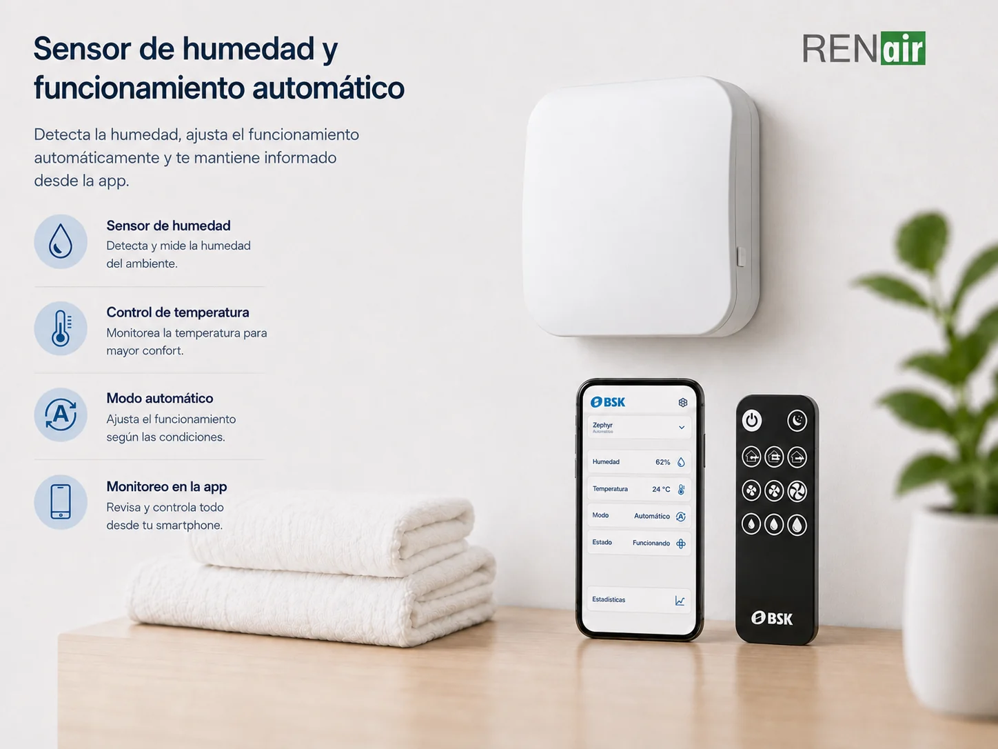RENair Zephyr con sensor de humedad, control automático, aplicación móvil y mando a distancia