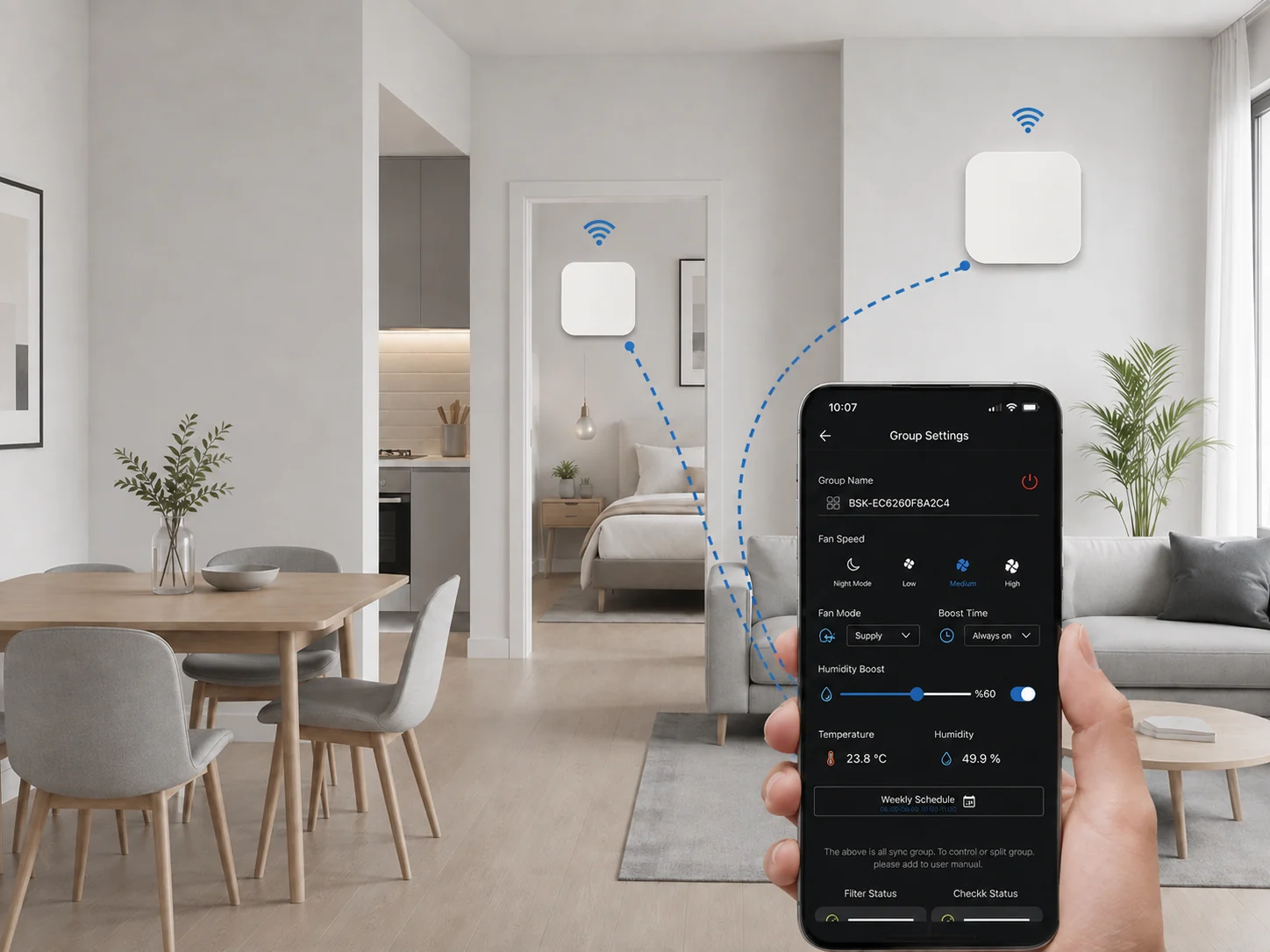 Varias unidades Zephyr coordinadas de forma inalámbrica para ventilación descentralizada por zonas
