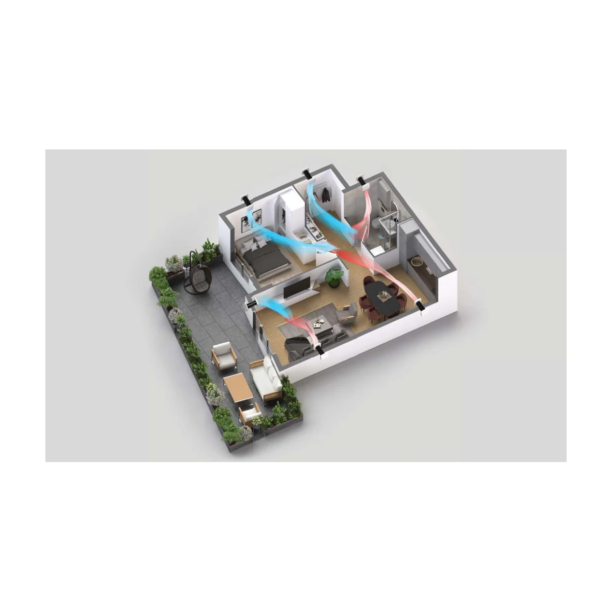 Esquema de una vivienda con unidades de ventilación descentralizada coordinadas y recorridos de aire entre estancias
